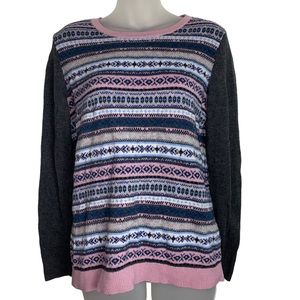 Talbots Fair Isle wool blend grey and pink pullover sweater